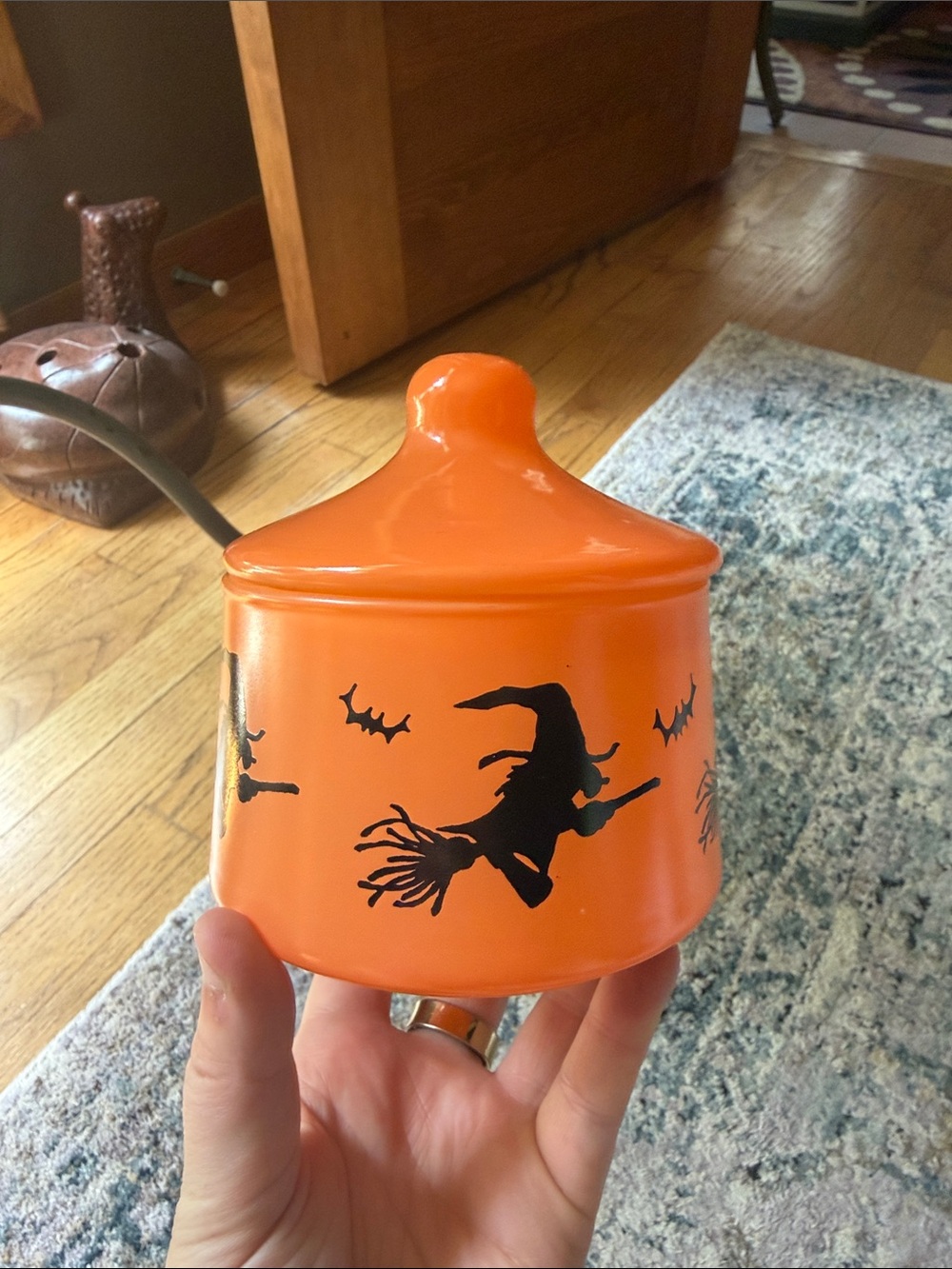 Vintage Indiana Glass Halloween Witch Bat Lidded Jar Candy Dish